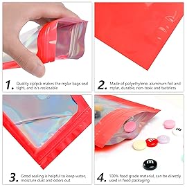 Funfery 100 pcs Mylar Holographic Bags Packaging Bags, Resealable Odor Proof Bag Foil Pouch Zipper Bag for Food Storage (Red, 6.3 x 9.4 Inch)