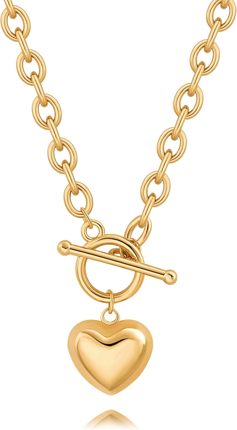 POTESSA 18K Gold Plated Pendant Necklace Medallion Coin Heart Y Shaped Chain Toggle Necklace for Women Jewelry