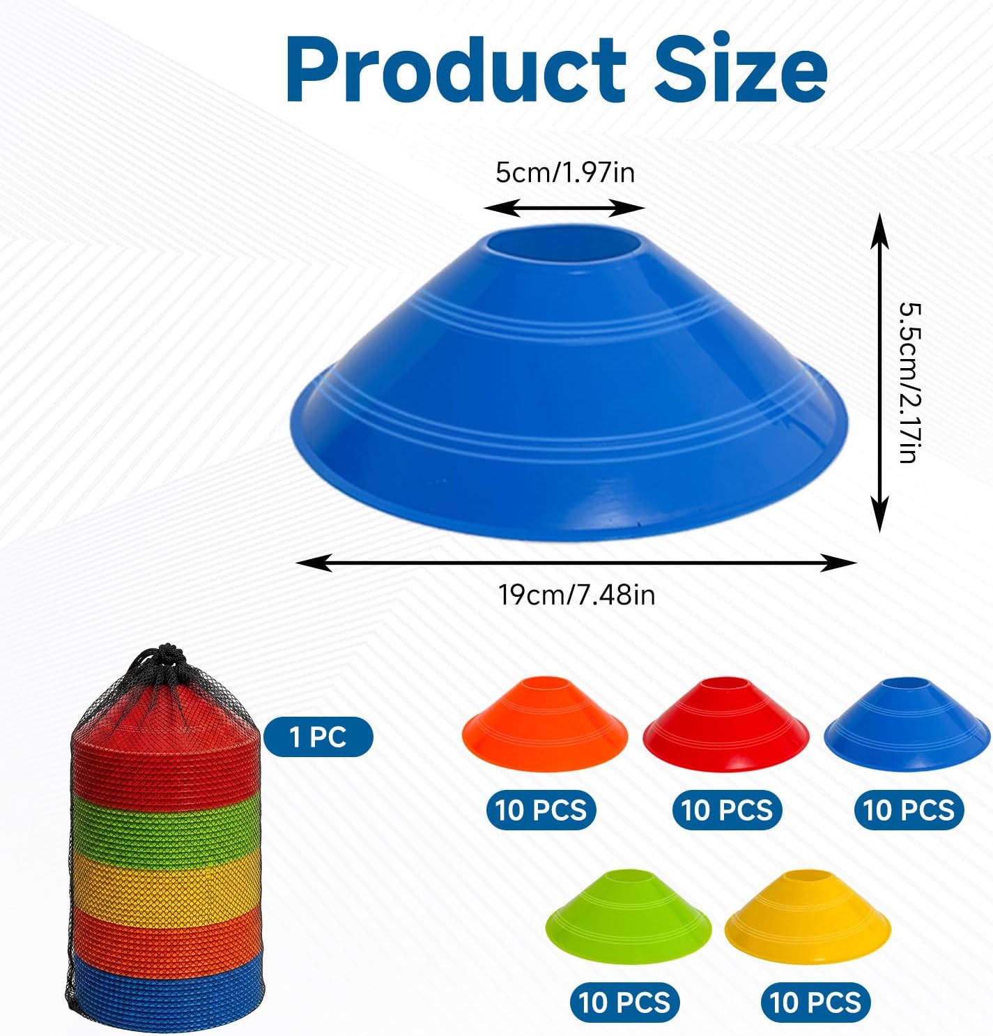 Soccer Cones for Sports Training with Mesh Carry Bag, Multi-Color Agility Disc Cones for Football Basketball Drills, 7.5 Inch Flexible Plastic Field Markers for Kids & Adults