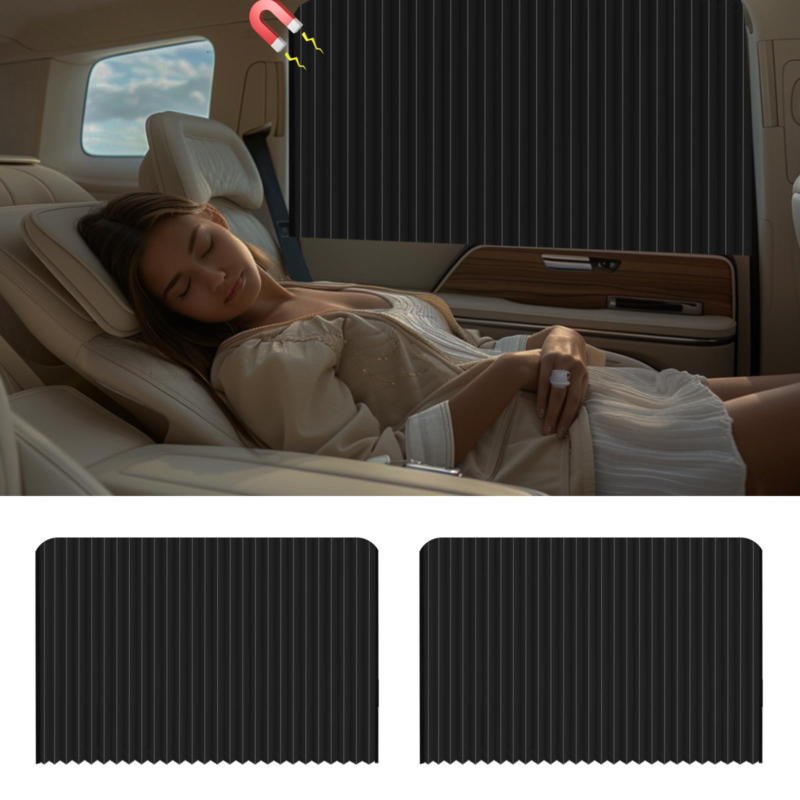 Ovege - Tendina parasole plissettata per finestrini dell’auto, protezione dai raggi UV, morbida, per bambini e per la tua privacy, magneti ultra forti, nero opaco, per sedile posteriore, 2 pezzi