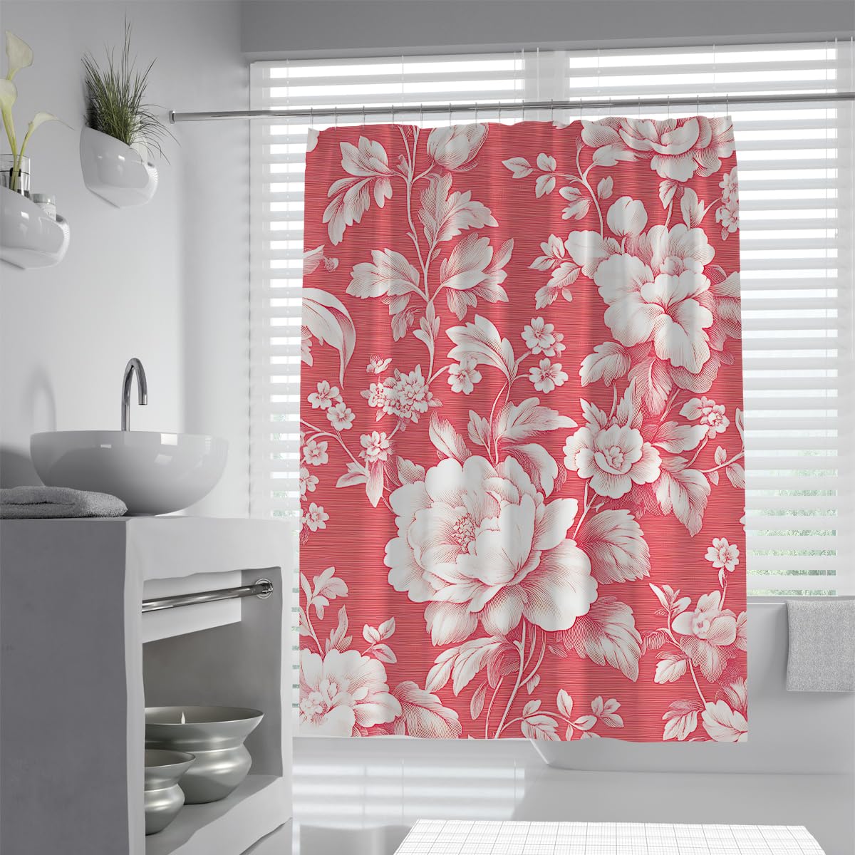 UIRINGART Damask Luxury Floral Shower Curtain W200xL220cm Coral Red Textured Background White Rose Bloom Pattern Water Repellent Shower Screen Walk In Shower With Hook