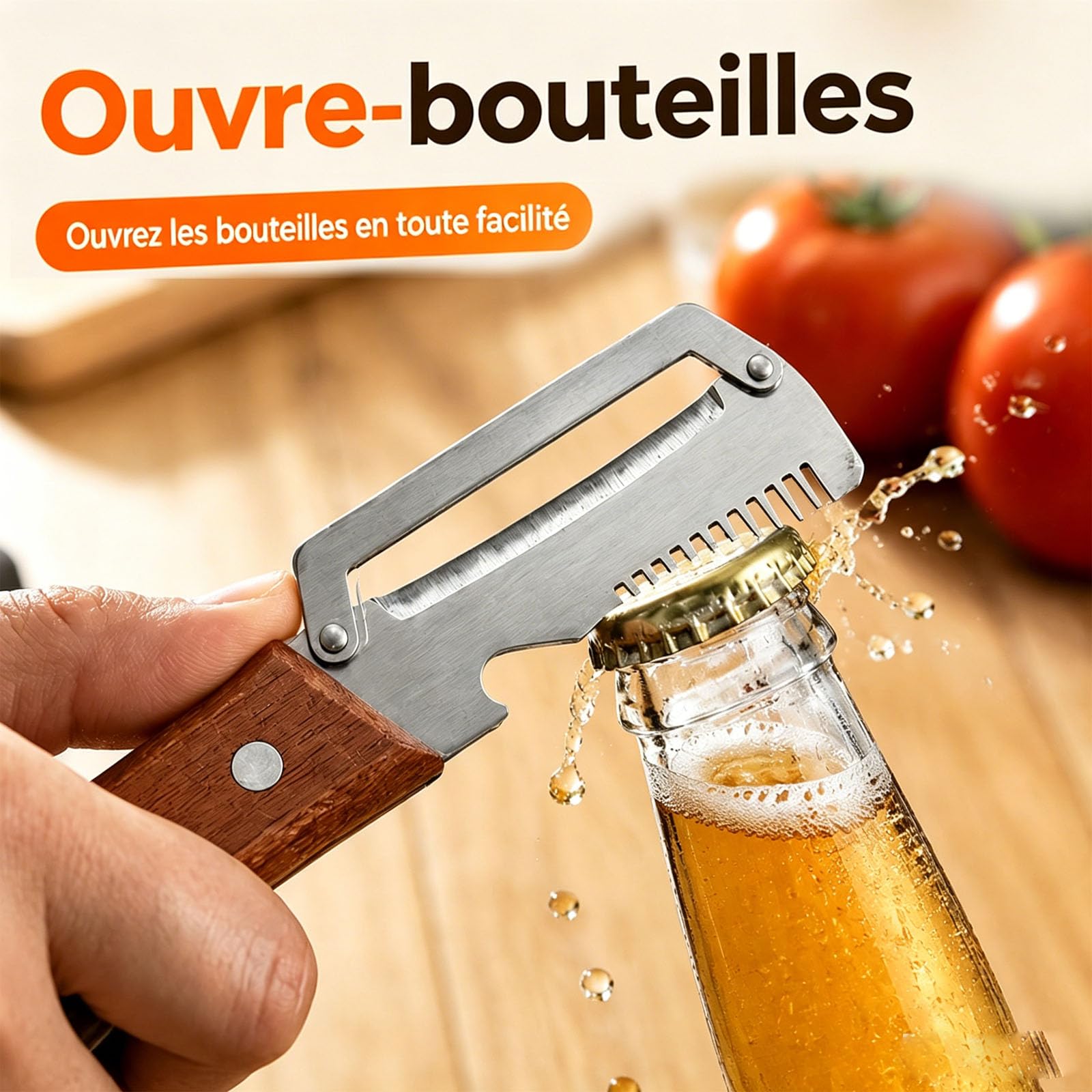 Éplucheur de légumes multifonction 5 en 1 avec lame en acier inoxydable, manche en bois, décapsuleur, écailleur à poisson et coupe-oignon