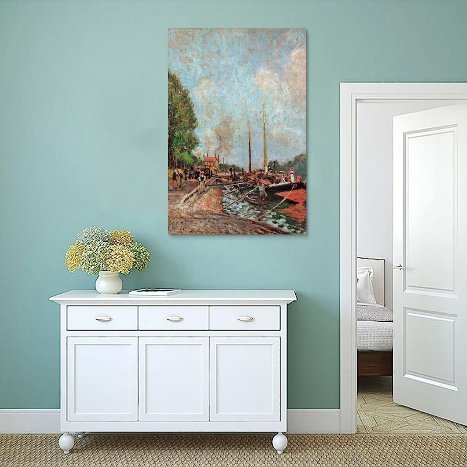 The Unloading of Barges at Billancourt by Alfred Sisley- Impresiones en lienzo modernas, pinturas decorativas para habitaciones de niños o niñas, murales para sala de estar y pinturas con motivos