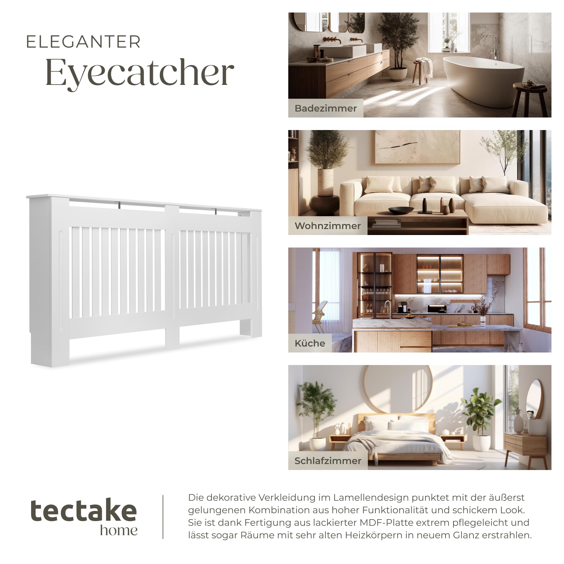 tectake® Heizkörperverkleidung, Holzverkleidung MDF, Heizungsverkleidung weiß mit Lamellen, Heizkörperabdeckung, Heizungsabdeckung, Verkleidung für Heizkörper, skandinavisch - 172,3 x 19 x 82 cm