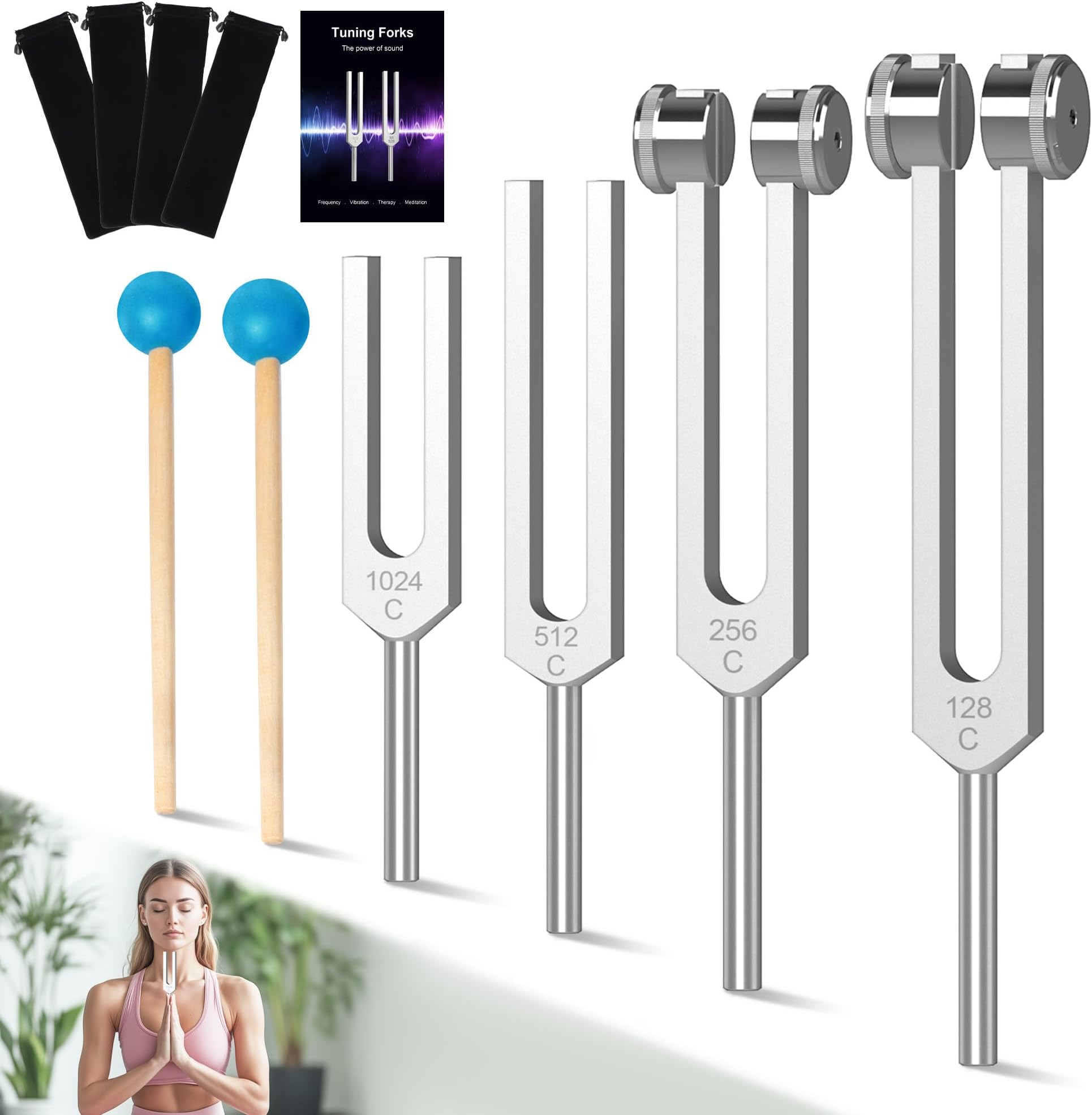 Tuning Fork Set 4pcs 128Hz, 256Hz, 512Hz, 1024Hz with Accessories for Yoga and Meditation,Relaxing Experience Brought by Sound Vibration