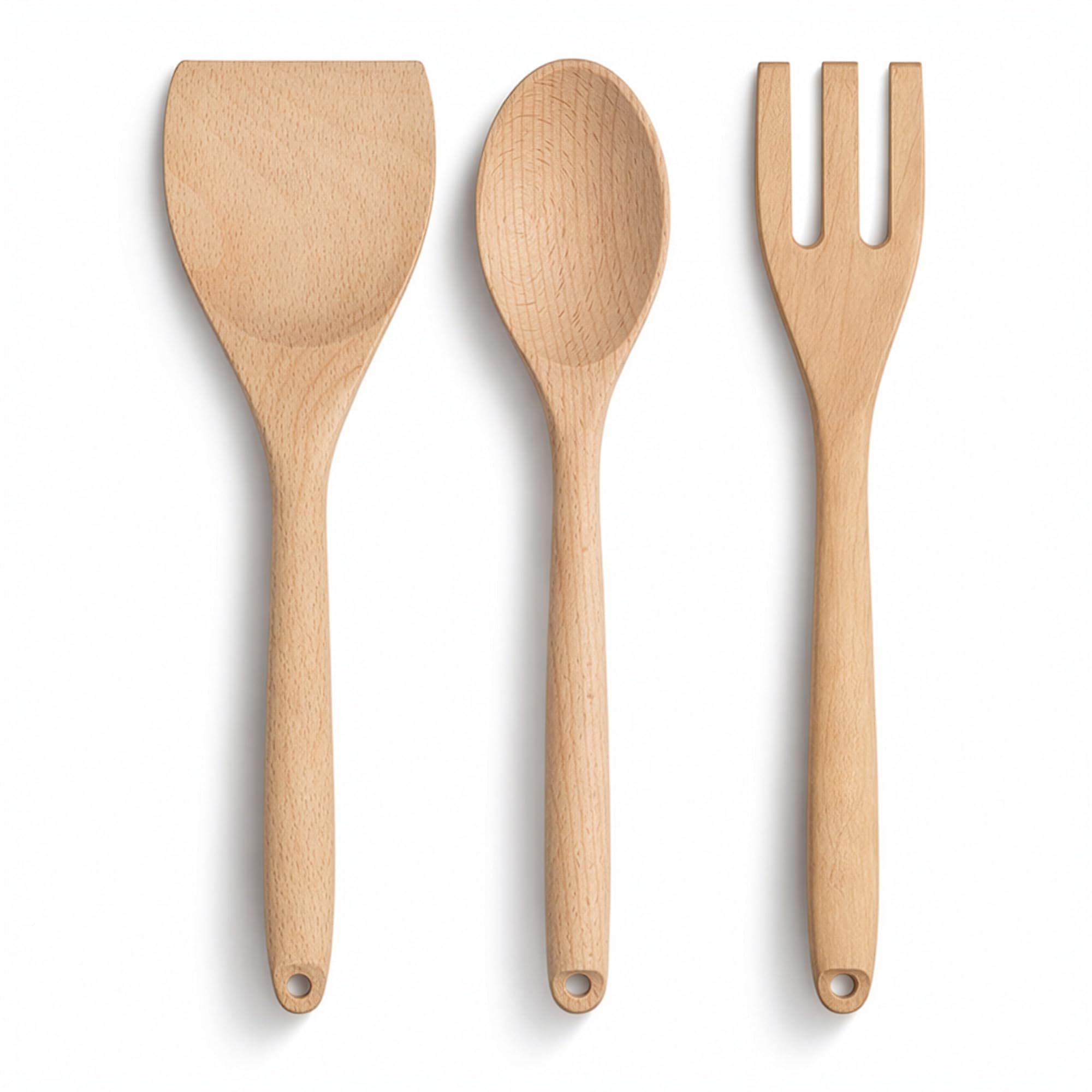 Solid Beechwood Kitchen Utensils Set of 3 – Wooden Spoon, Spatula & Fork – Pre-Oiled, Non-Stick Safe Cooking Tools