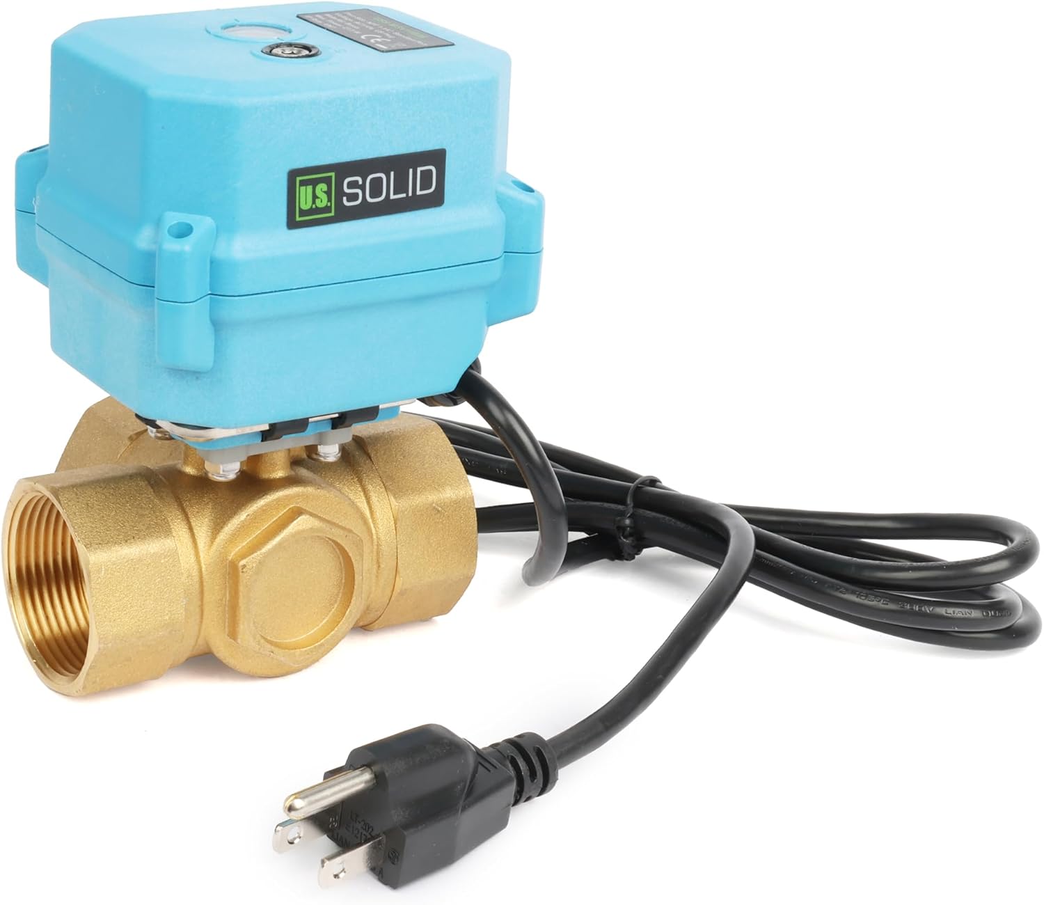 U.S. Solid 3 Way 1-1/4'' Brass Motorized Ball Valve AC 110V - 3-Way Valve with US Plug Manual Function - Heavy Duty Multipurpose L Type Water Shutoff - Standard Port