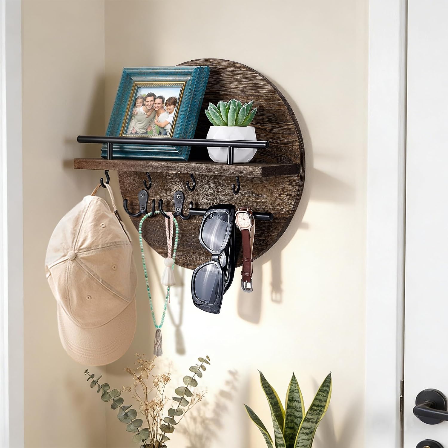 Pine Wood Key Holder Wall Mount, 11.8 in Rustic Key and Mail Holder for Wall Decor with Shelf and Hooks Entryway Organizer Coat Rack Hanger for Home Decor, Hallway, Kitchen Office
