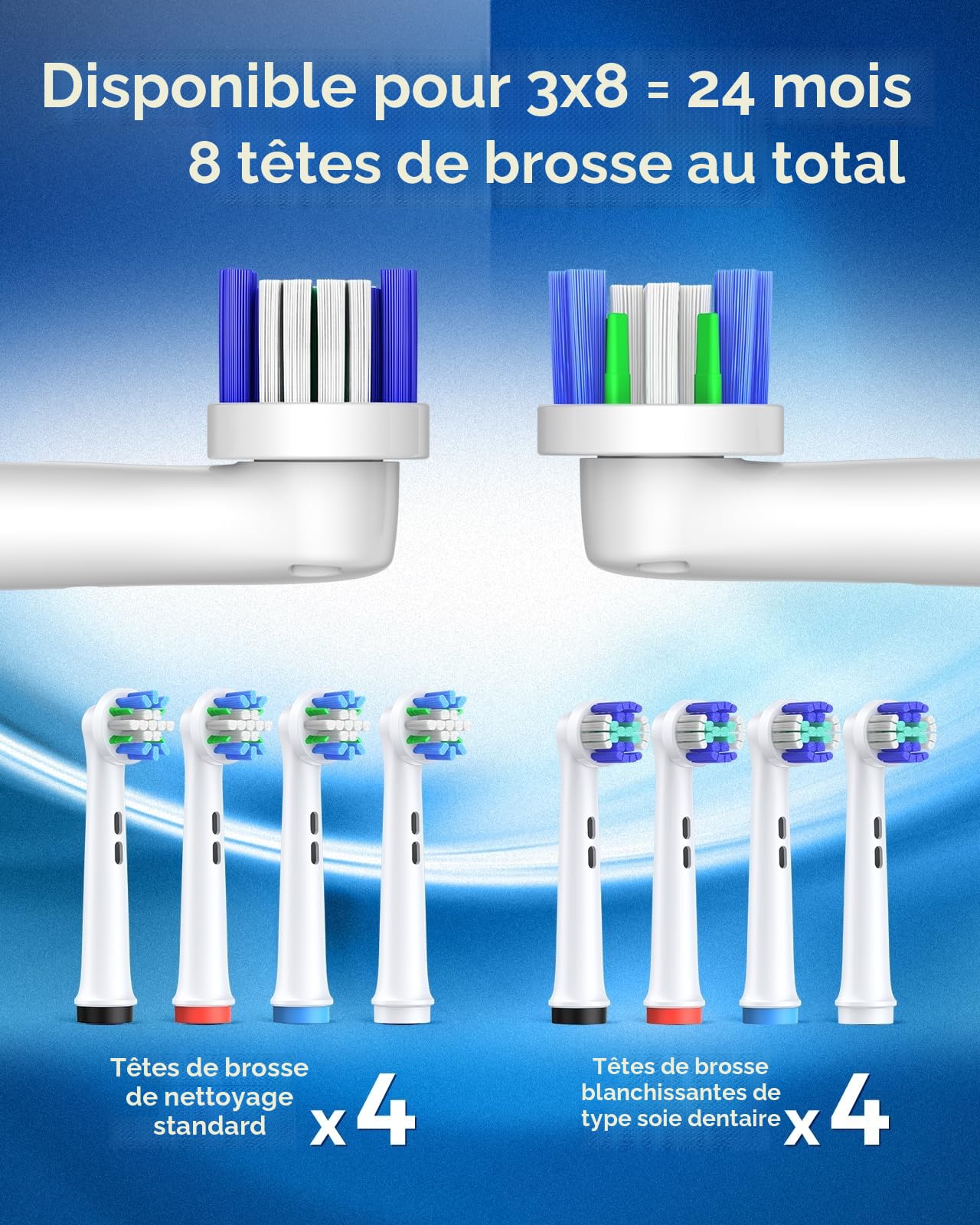 Brosse à dents électrique rotative pour adultes avec 8 têtes de brosse (2 types), puissance rechargeable et 2 minutes de temps intelligent, 4 modes de nettoyage (bleu ciel)