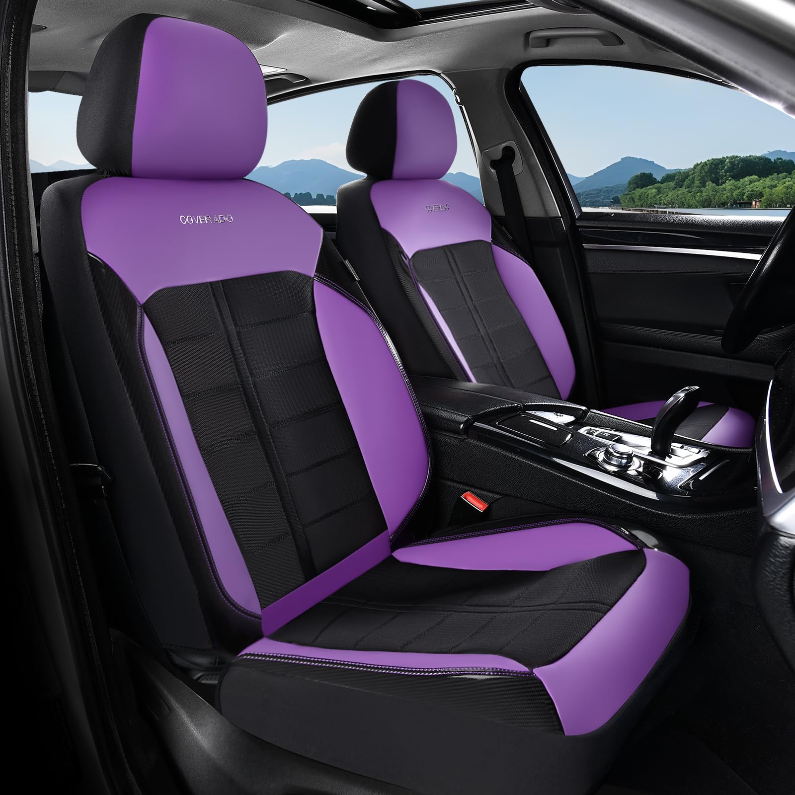 Coverado Leather And Air Mesh Seat Cover, Car Seat Cover Front Seats, 3D Breathable Seat Protectors Sports Carbon Fiber Airbag Compatible Comfort Universal for Most Cars, Van,Trucks, SUV, Black&amp;Purple