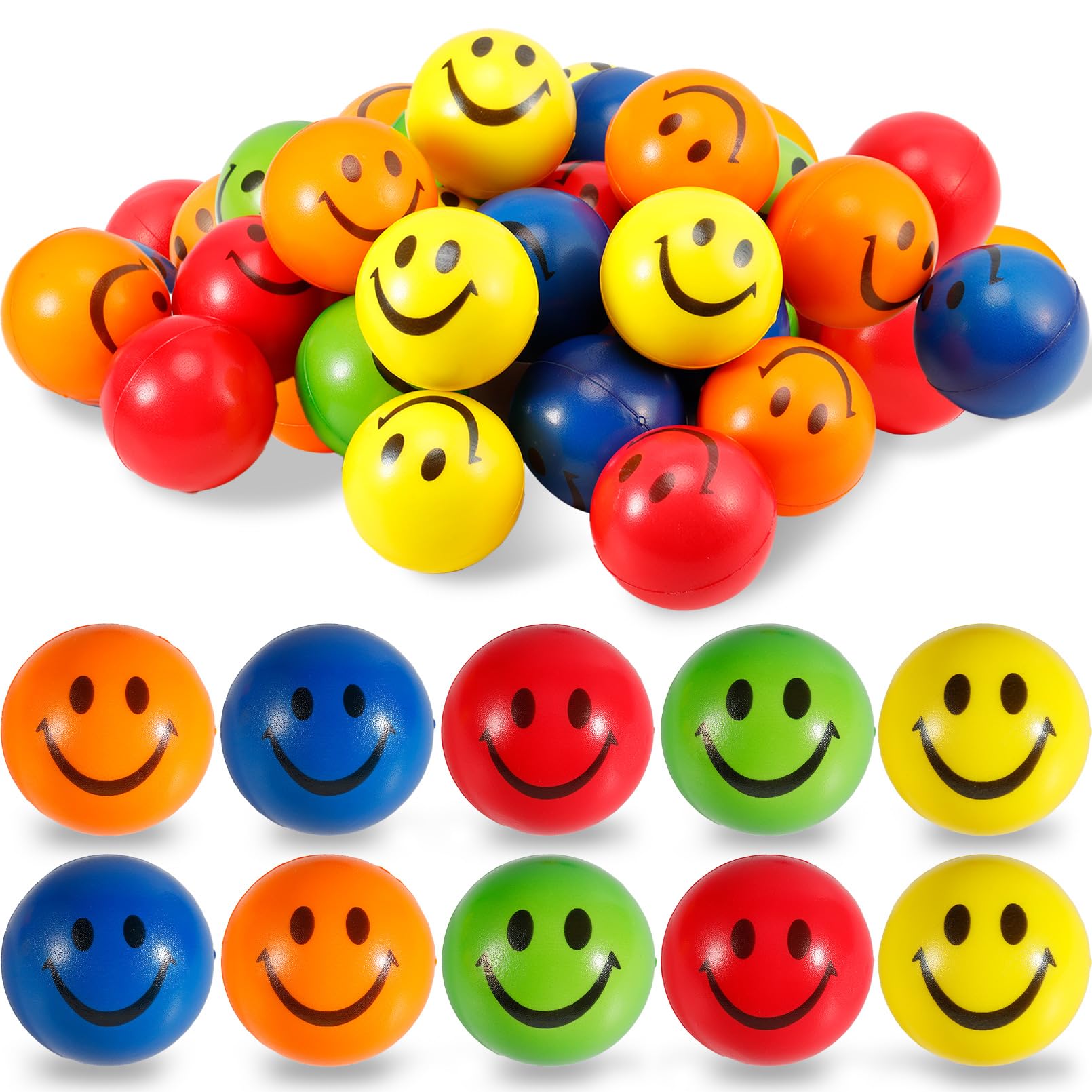 CACASO 24 Pack Stress Balls Bulk,2.5 Inch Smile Face Stress Balls,Face Squeeze Balls,Party Favor Soft PU Balls,Stress Relief Balls Hand Exercise Balls for School Carnival Reward,Assorted Colors Random