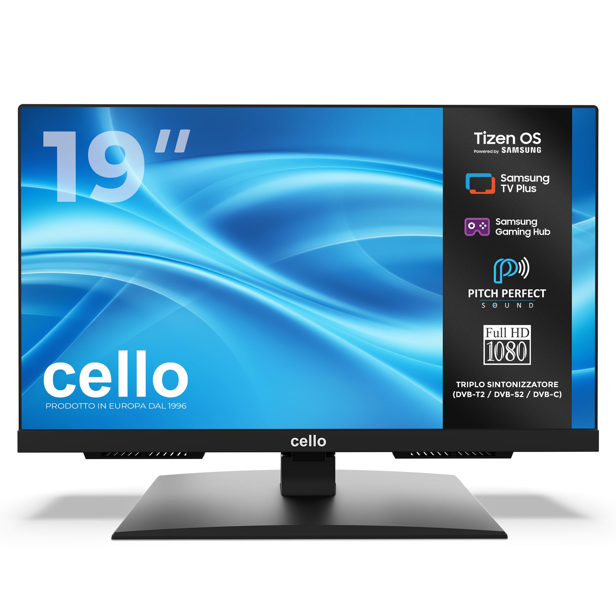 Cello C1926TZH Smart TV 19" con Tizen OS di Samsung, Gaming Hub, altoparlanti Pitch Perfect, Bluetooth, triplo sintonizzatore, TV compatta ideale per cucina e camera da letto