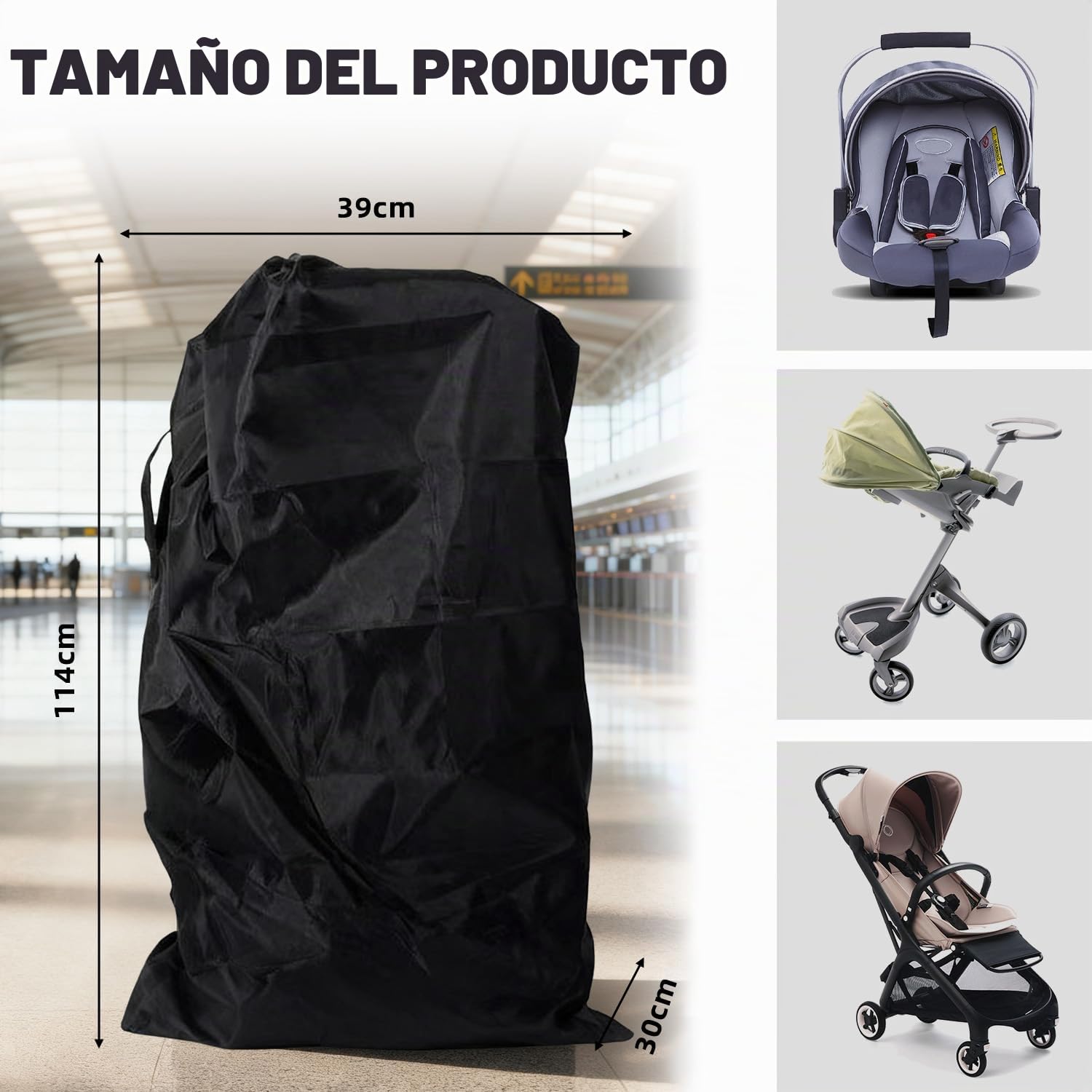Bolsa Carro Bebe,Bolso de Viaje para Cochecito de Bebé, Bolsa de Almacenamiento Impermeable y Ligera con Correa, 114x39x30 cm, Ideal para Paseos, Viajes en Avión y Día a Día