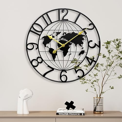 Reloj de pared grande con mapa del mundo para sala de estar, reloj de pared decorativo de metal, grande, redondo, silencioso, sin tictac, funciona