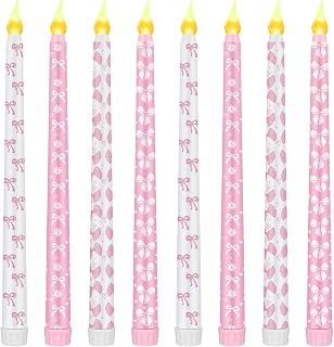 VIHOSE 8 Pcs Pink Bow Flameless Taper Candles 11inch Pink Bow Party Taper Candles Sticks Coquette Bow Party Decorations Bow Battery Operated LED Candles for Birthday Wedding Anniversary