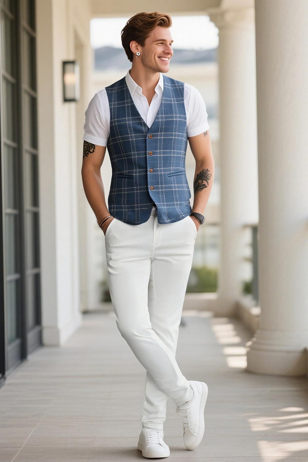 Plaid&Plain Men's Plaid Pants Skinny Dress Pants for Men Skinny Chino Pants Men - Image 3