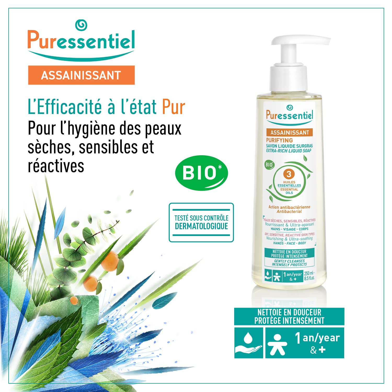 Puressentiel Savon Liquide Surgras aux 3 Huiles essentielles BIO - Antibactérien - Visage, Mains et Corps - Peaux Sèches, Sensibles et Réactives - Nettoie & Protège 250ml