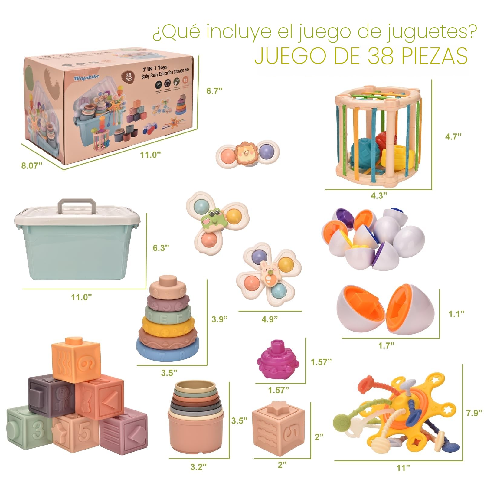 Baby Toys es un Juguete sensorial Montessori 7 en 1 Que Incluye Bloques apilables, Huevos para emparejar, Juguetes giratorios con ventosas y Vasos apilables, Adecuado para niños pequeños.