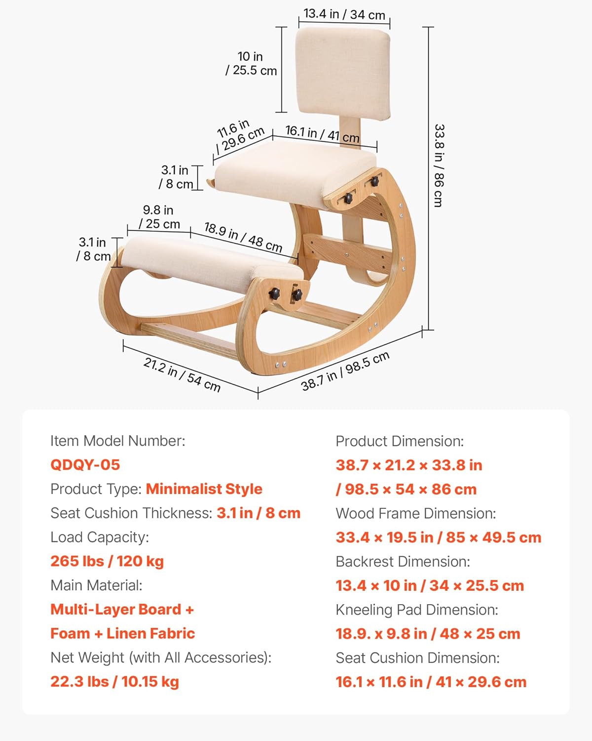 VEVOR Ergonomic Kneeling Chair, Wooden Posture Knee Chair with Adjustable Thick Foam Cushions, Backrest and Wood Frame, Adjustable Height, Relief for Neck or Back Pain for Home, Office or Meditation
