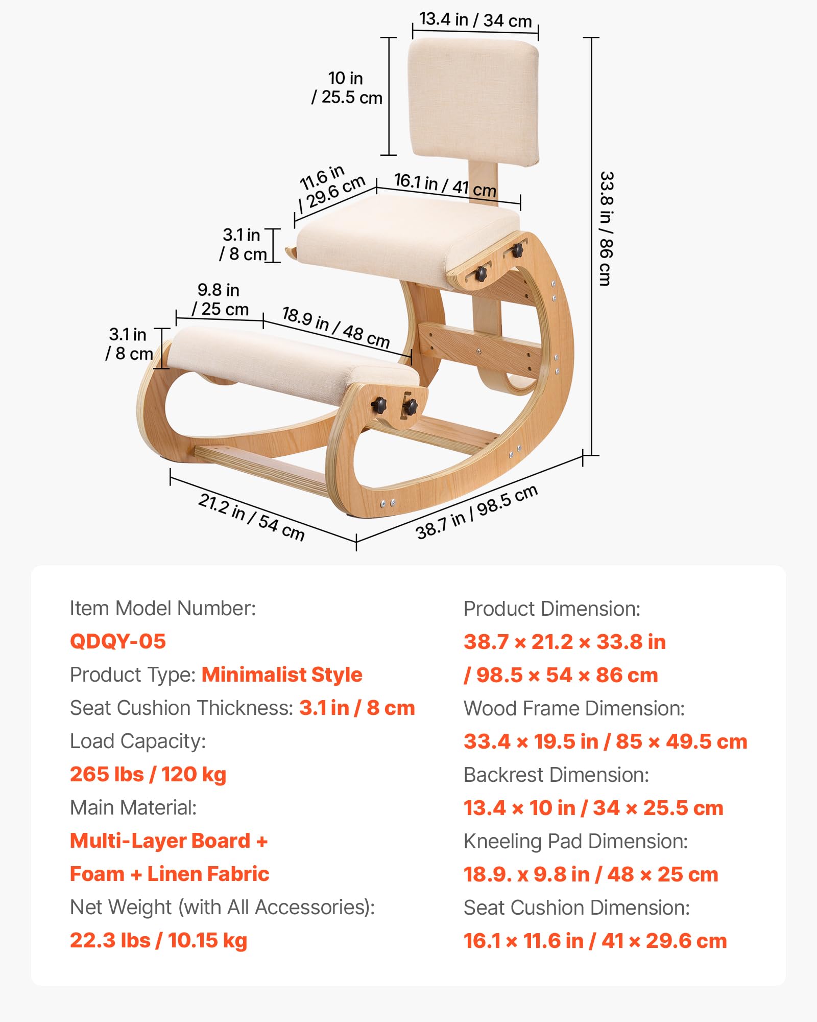 VEVOR Silla Ergonómica de Rodillas con Respaldo, Taburete para Rodillas Estructura de Madera, Cojines de Espuma Gruesa Ajustables, Carga de 120 kg, Relajación de Cuello y Espalda para Hogar, Oficina