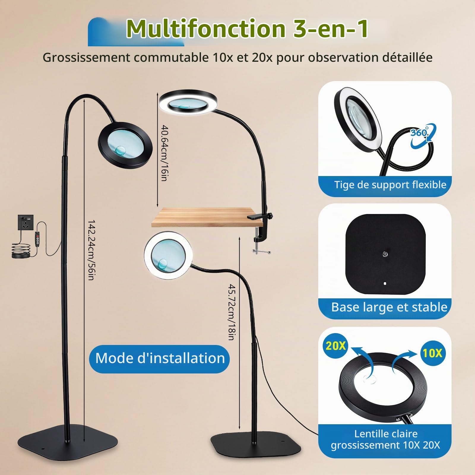 Loupe sur Pied 10x/20x avec Lumière et Support, 3-in-1 Grande Loupe Lecture pour Seniors, 5 Modes Couleur Gradable, & Pince & Socle, Lampe LED pour Lire, Coudre, Bricoler et Travaux Précision
