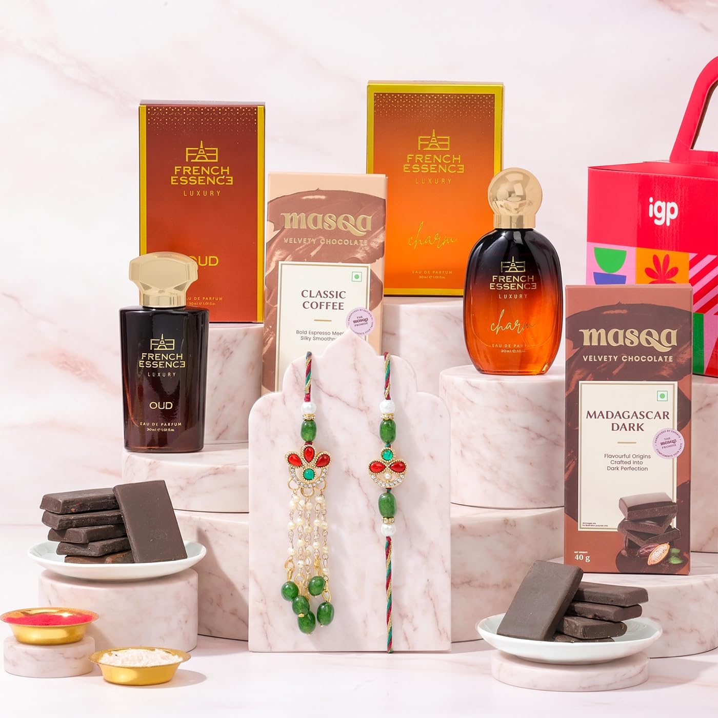 IGP Luxury Bhaiya Bhabhi Rakhi Hamper | Same Day Delivery | Kundan Rakhi Set, Men's & Women's Fragrance, Coffee Chocolate, Dark Chocolate & Roli Chawal | Raksha Bandhan Present for Bhaiya & Bhabhi-image-39