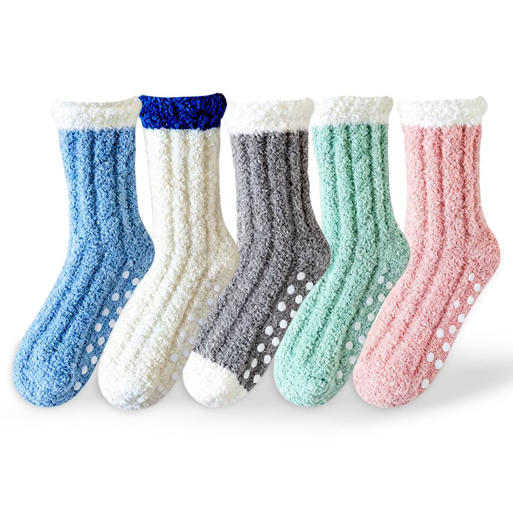Hatfryf Unisex Green Fluffy Socks For Women, Breathable Cozy Thick Sock, Winter Warm Thermal Bed Socks Ladies Stocking Fillers Presents For Women - 5 Pairs