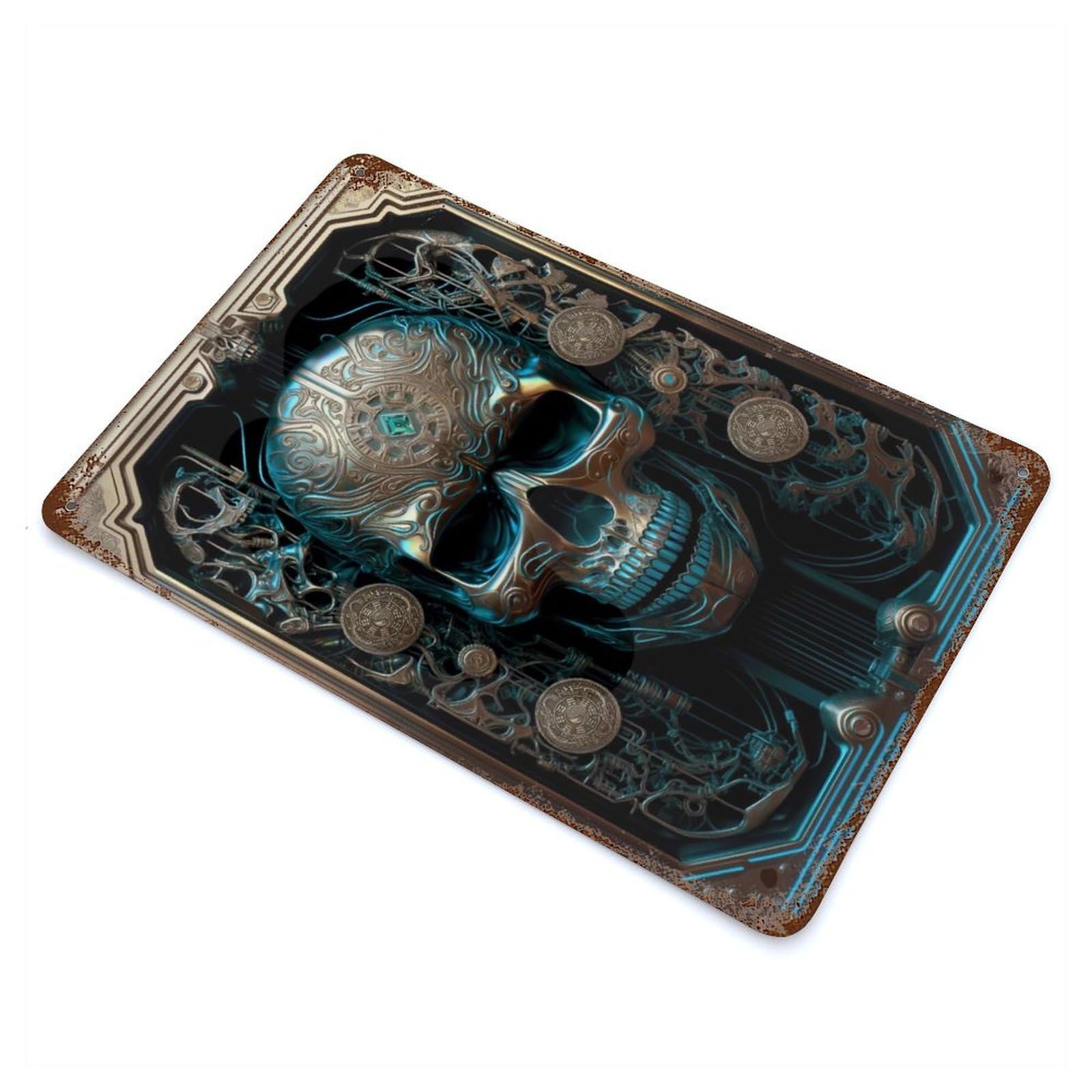 Skull Machine Gold III Rusty Metal Tin Sign 11.8"x7.9", Farmhouse Wall Decor for Farmhouse, Kitchen And Entryway Decor