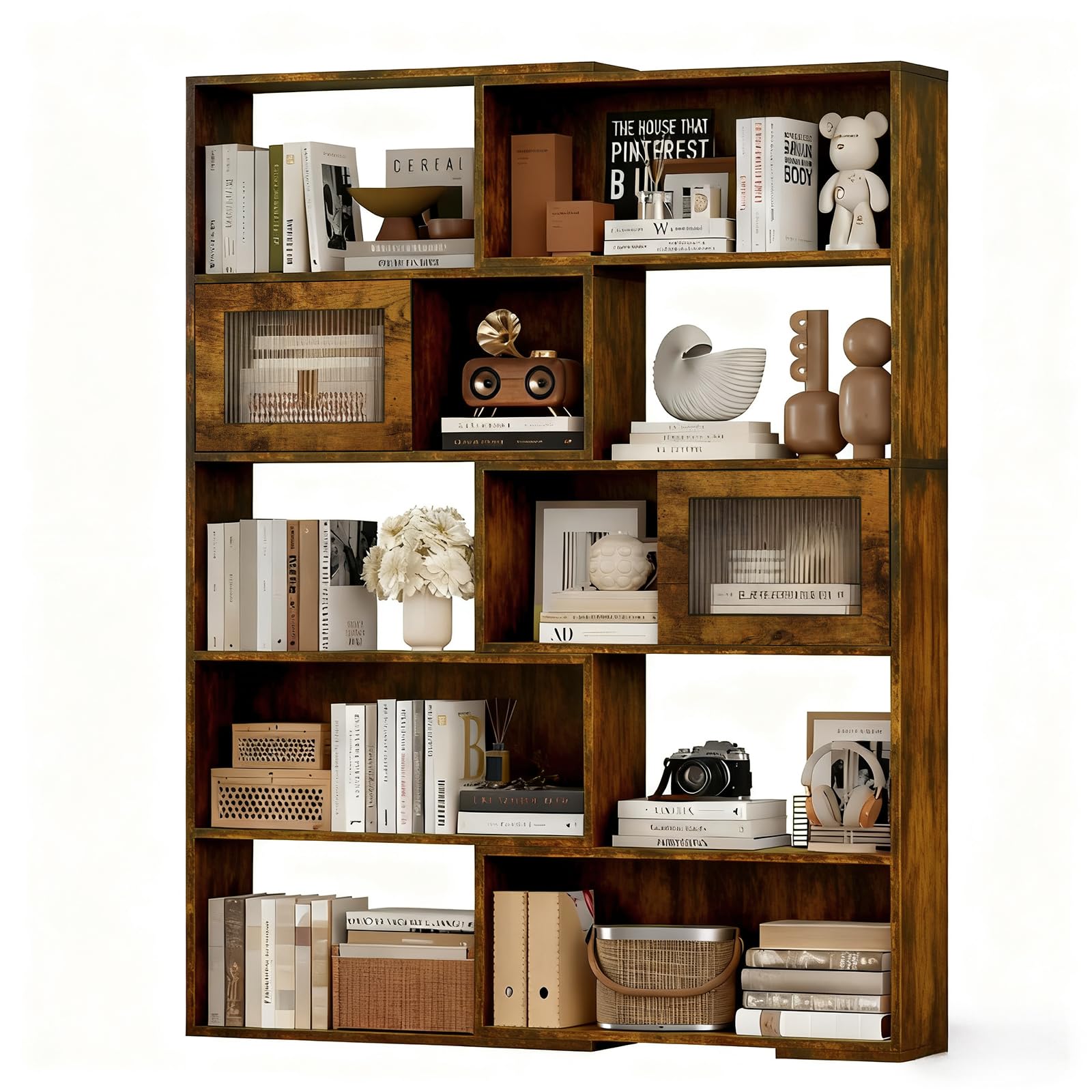 2-in-1 Expandable Bookshelf, Adjustable Width Bookcase with Sliding Doors, Freestanding Corner or Standard Shelf Organizer, Tall Storage Display Unit for Living Room, Bedroom, Office