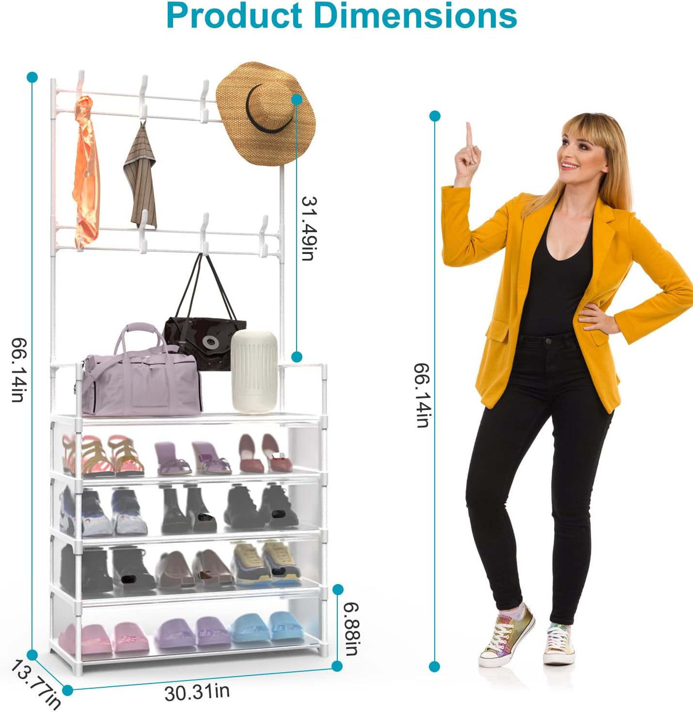 5-Tier Dustproof Tree Coat, Hats and Shoe Rack Organizer with 8 Removable Hooks - Freestanding Organizer for Front Door Bedroom Entryway - 13.8in (L) x 30.3in (W) x 66in (H)