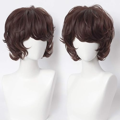 Miniatura 6 de Alacos Peluca corta rizada marrón para hombre, peluca tubbo cosplay con una gorra de peluca gratis, pelucas de cabello corto con flequillo, pelucas
