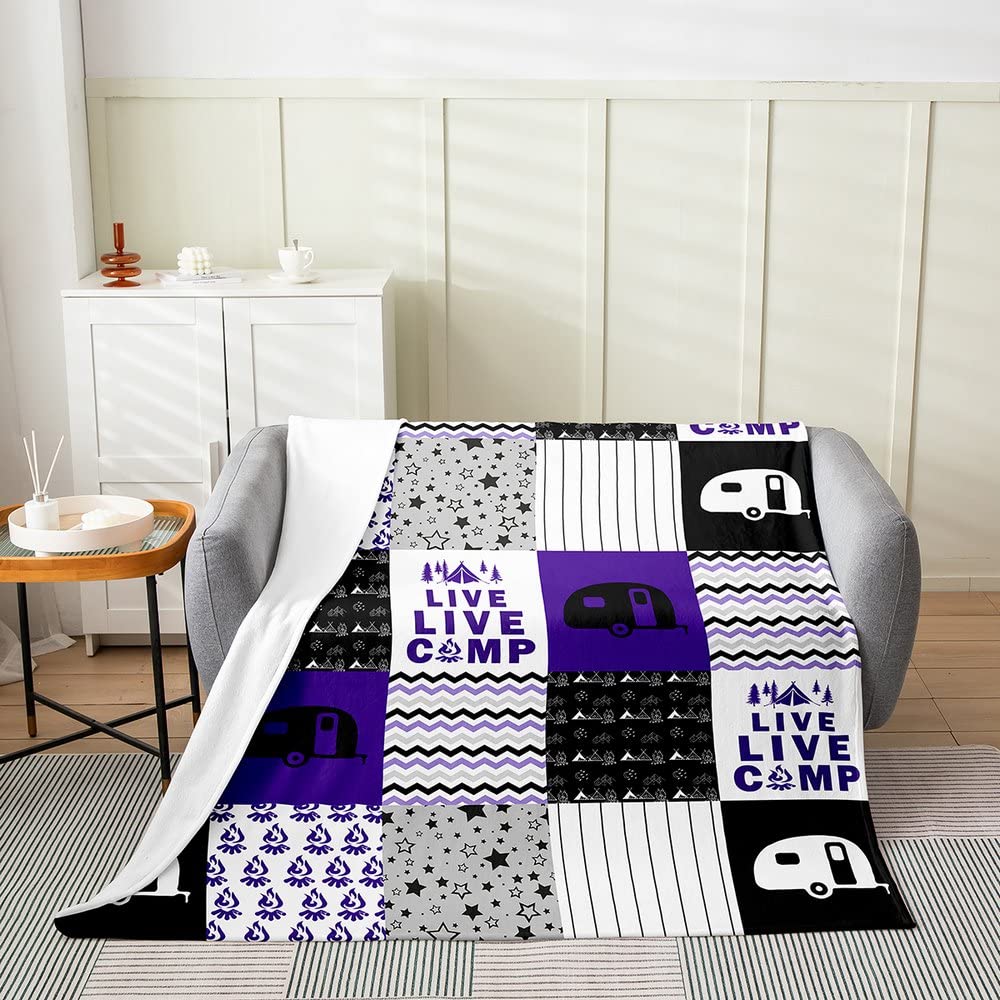Manta de franela de forro polar para sofá de cama, manta mullida de camping para niños, para todas las estaciones, camping, viajes, coche, color morado, manta de felpa Queen, 90 x 90 pulgadas