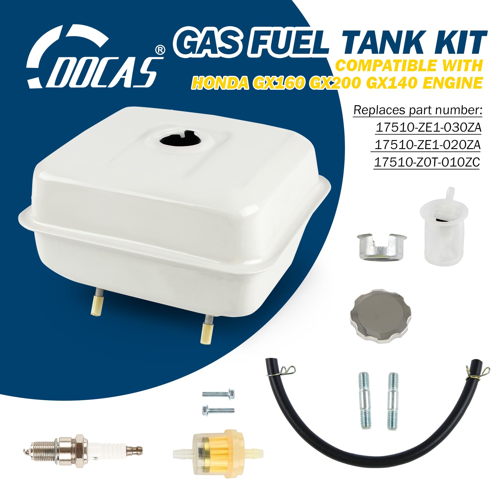 DOCAS 17510-ZE3-020ZA Kit de réservoir de carburant compatible pour Honda GX390 GX340 GX270 GX240 GX420 8HP 9HP 11HP 13HP 16HP 420cc Bougie d'allumage + Filtre à carburant