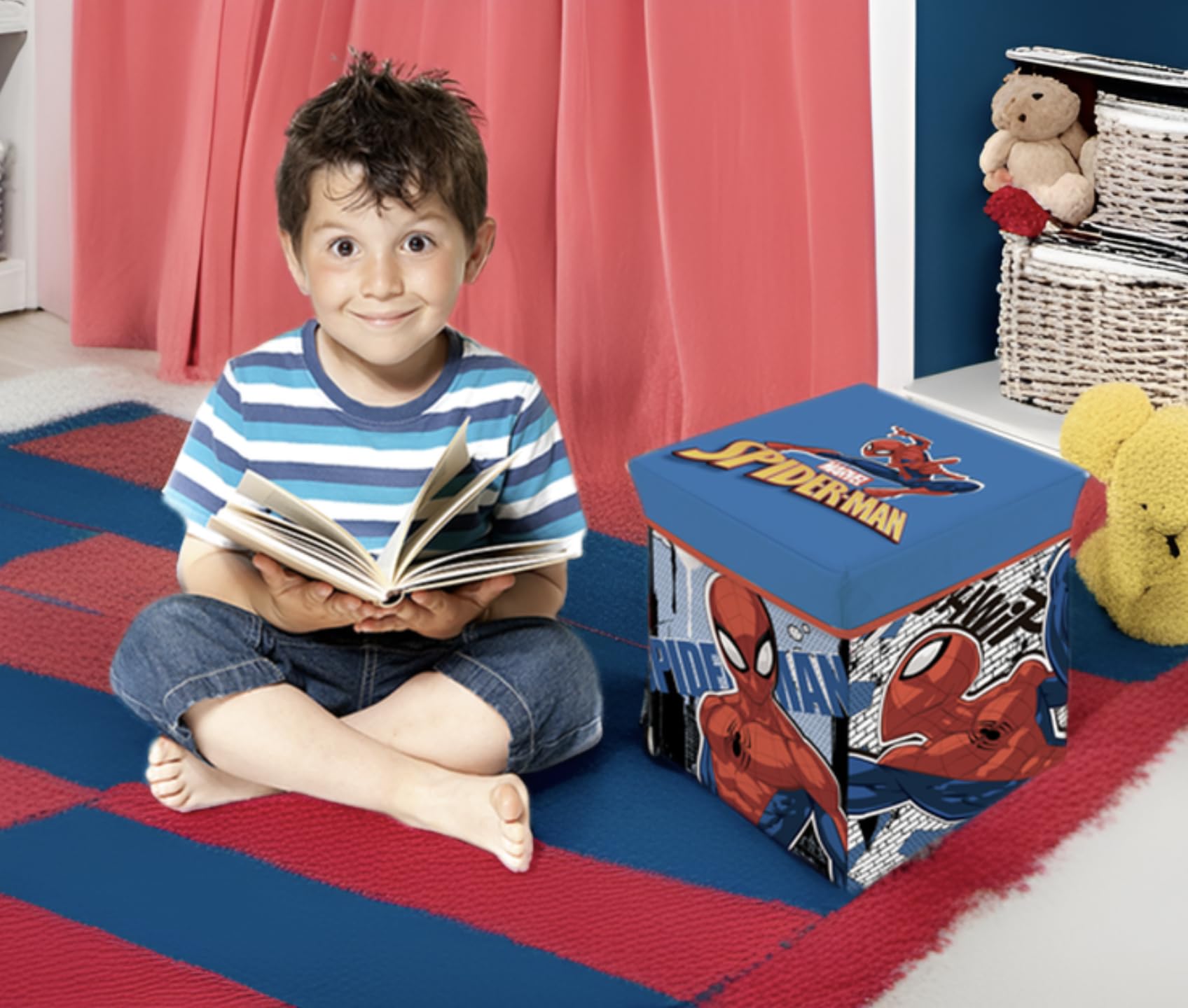 Superdiver - Aufbewahrungsbox und Hocker Spiderman - Offizielle Lizenz Marvel - 30x30x30 cm - Faltbarer Pouf mit gepolstertem Deckel - Spielzeug-Organizer