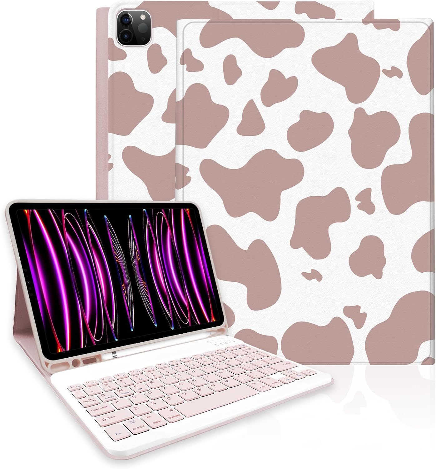 TopPerfekt for iPad Pro 11" 4th/3rd/2nd/1st Gen (2022/2021/2020/2018) Keyboard Case, Magnetically Absorbent, Auto Sleep/Wake, Support 2nd Gen Pencil Wireless Charge, with Pencil Holder - Pink Cow