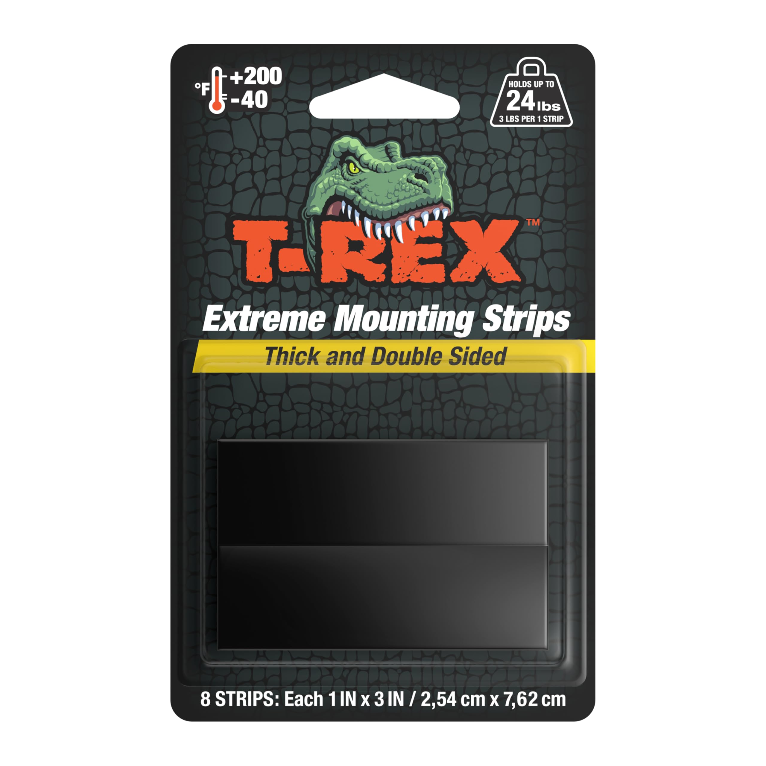 T-REX Tape Extreme Hold Heavy Duty Double Sided Mounting Strips Holds up to 24lbs, 8 Strips each strip is 2.54cm x 7.62cm, Black