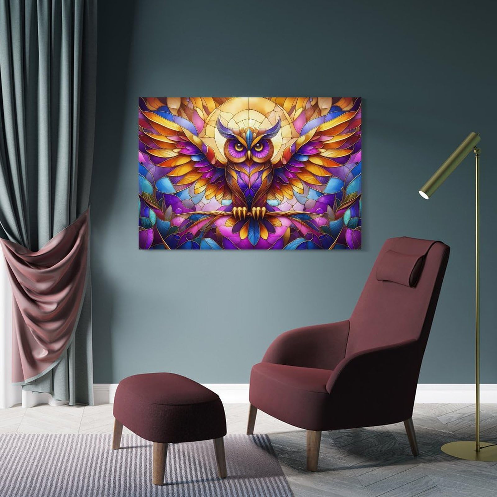 Junmoney Wall Art Print Stained Glass Owl, 24x36inch(60x90cm), for Bedroom Decor, Cosy Corners Or Studios, Decorative Wall Art for Cosy Rooms