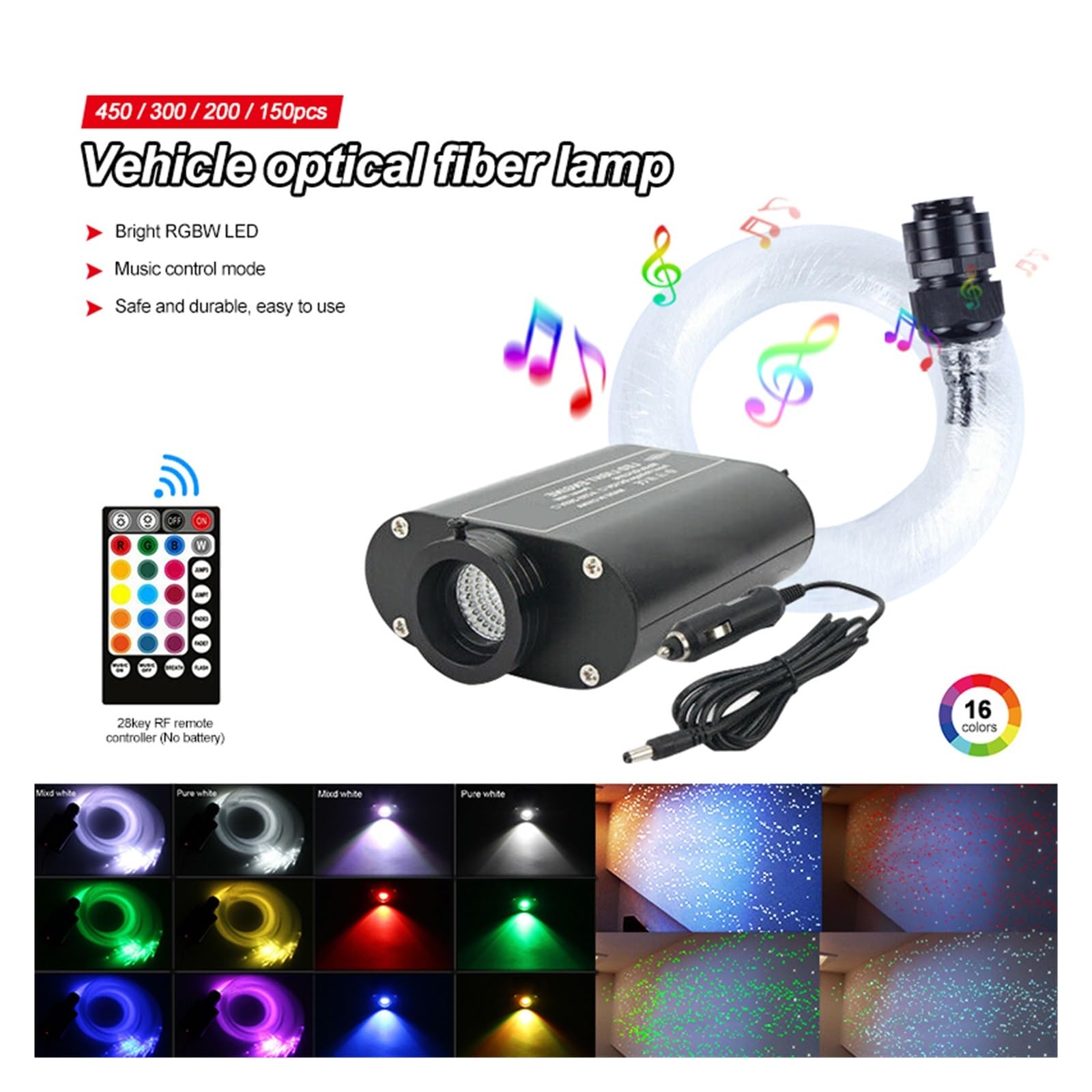 16 Kolorów RGB Samochodowa Gwiazda LED Lampa Sufitowa Gwiaździste Niebo 60/150/200/300/450 Sztuk Światłowód Auto Wnętrze Samochodu Nastrojowa Lampa Możliwość Przyciemniania(60Pcs 0.75mm 2m)