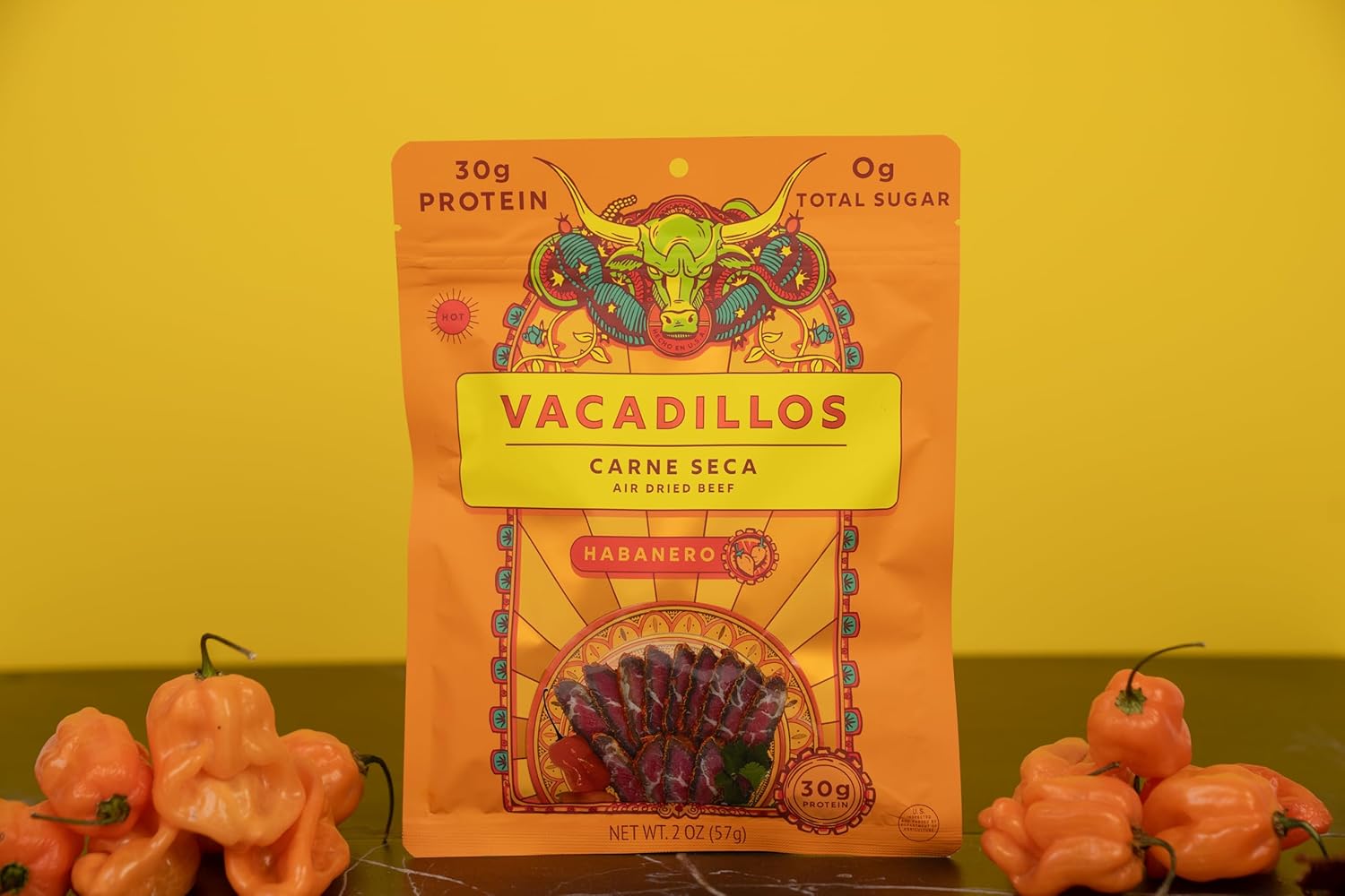 Vacadillos - High Protein Carne Seca | 30g Protein, Sugar Free, Carbs Free, Gluten Free, Dairy Free, Keto & Paleo Friendly | Mexican Inspired Beef Jerky Snack | Habanero, Pack Of 4