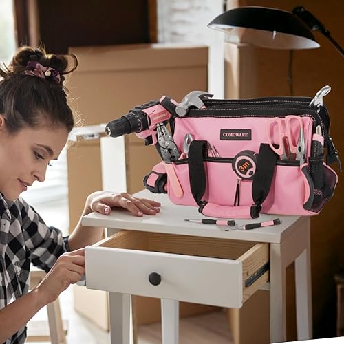 Miniatura 7 de COMOWARE Bolsa de herramientas de 13 pulgadas, bolsas de almacenamiento suaves rosas con bolsillos interiores, bolsa de herramientas rosa de boca