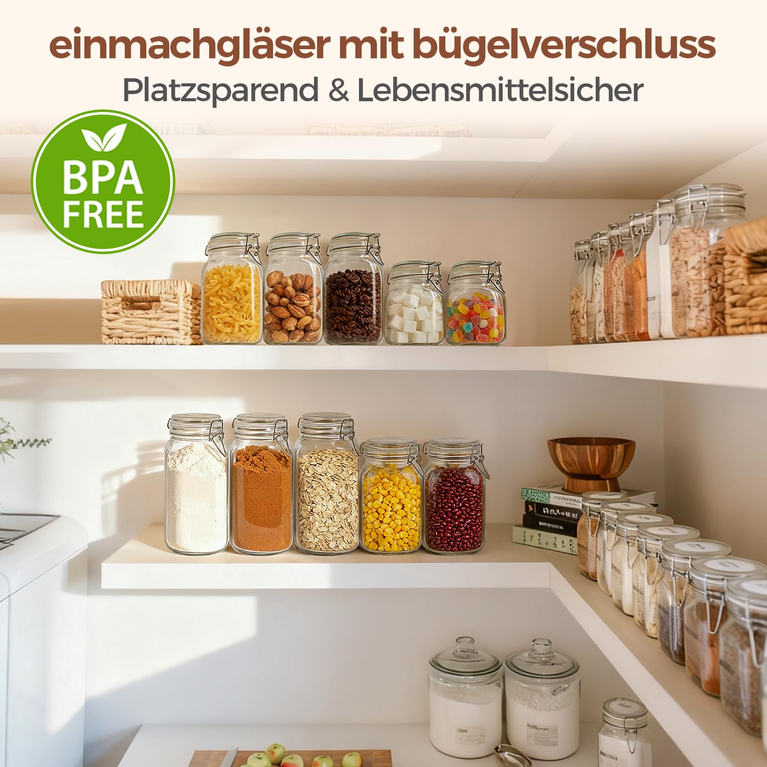 ComSaf 2,3L Luftdichtes Vorratsglas Eckig mit Drahtbügelverschluss 3er-Set, Vorratsgläser mit Deckel, Einmachgläser mit Bügelverschluss, Bügelverschluss für Lebensmittel Konservierung, Drahtbügelglas