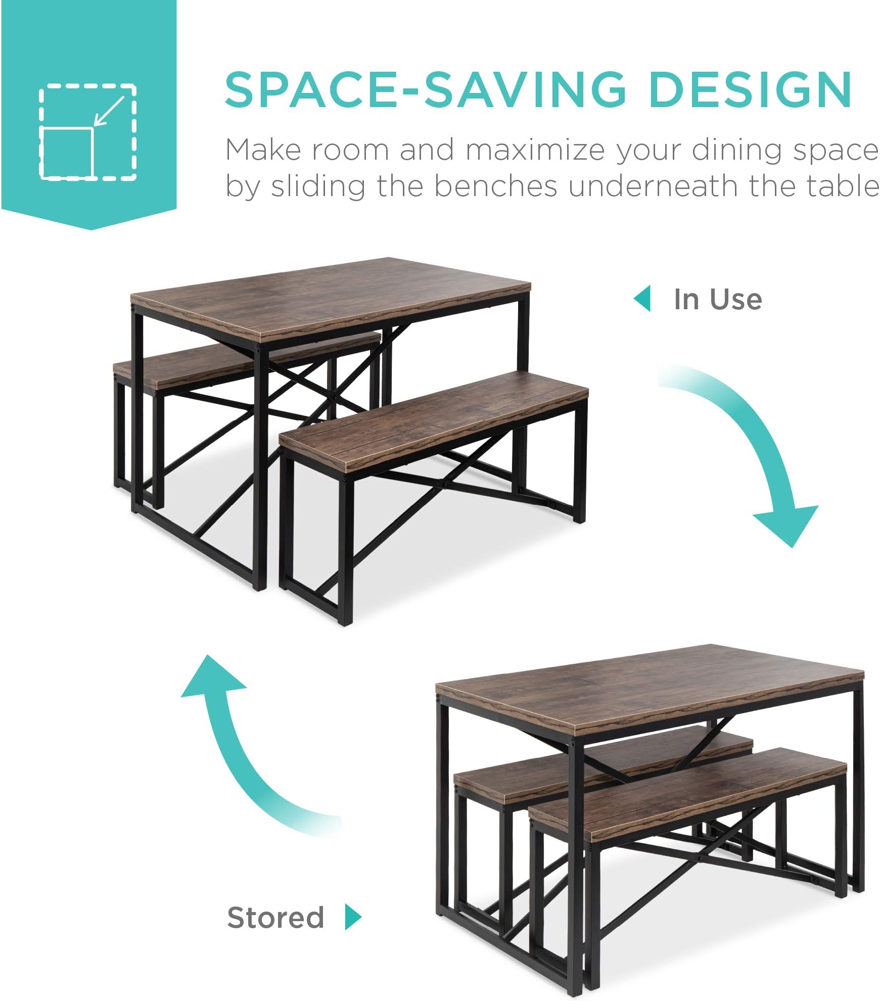 Best Choice Products 45.5in 3-Piece Bench Style Dining Furniture Set, 4-Person Space-Saving Dinette for Kitchen, Dining Room w/ 2 Benches, Table - Brown/Black