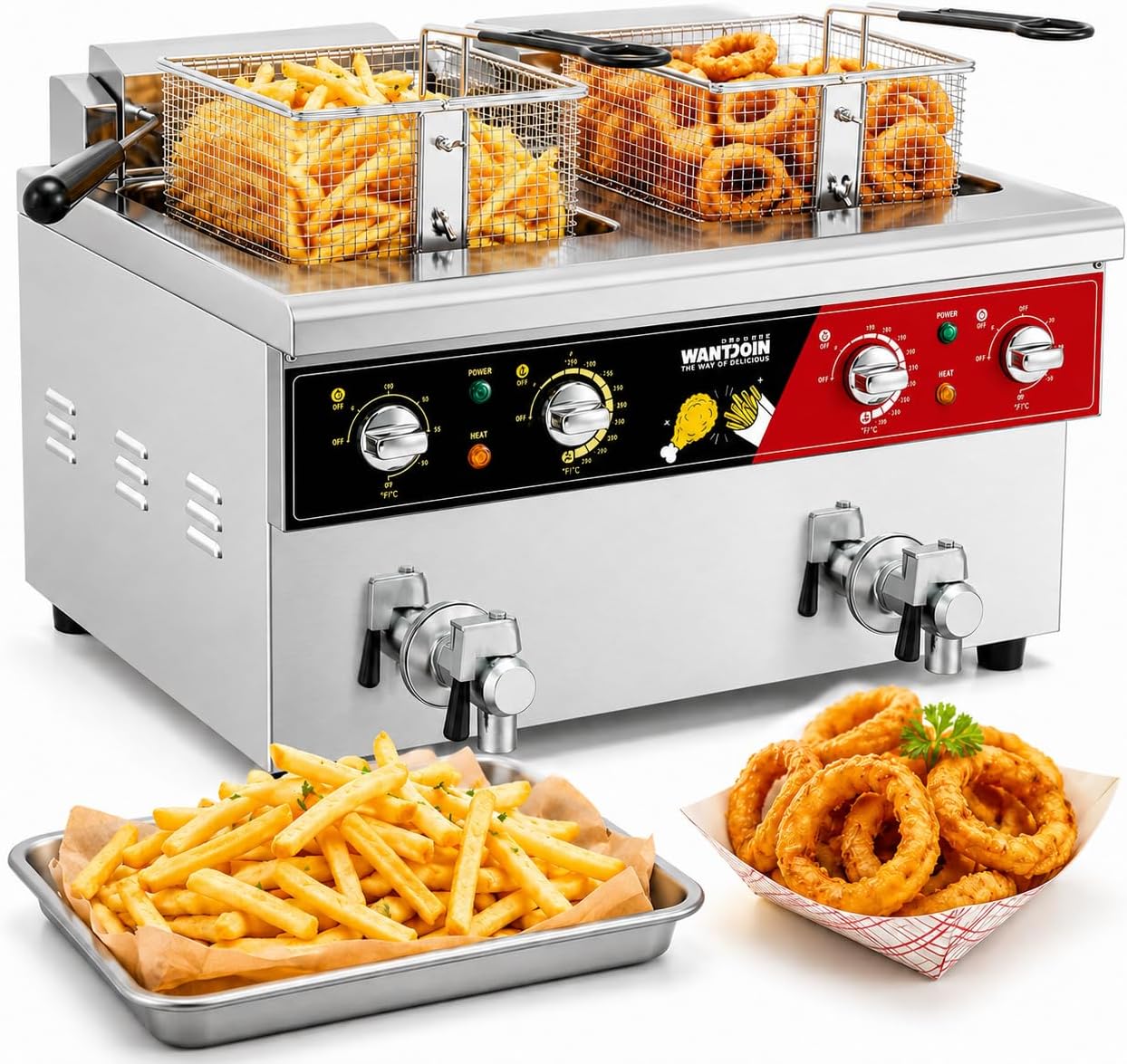 WantJoin Commercial Deep Fryer - PRO 17Qt Double Countertop Deep Fryer Electric with 2 Baskets, Swing-Up Head and Drain, 3600W Stainless Steel Deep Fryer For Restaurant Kitchen Use