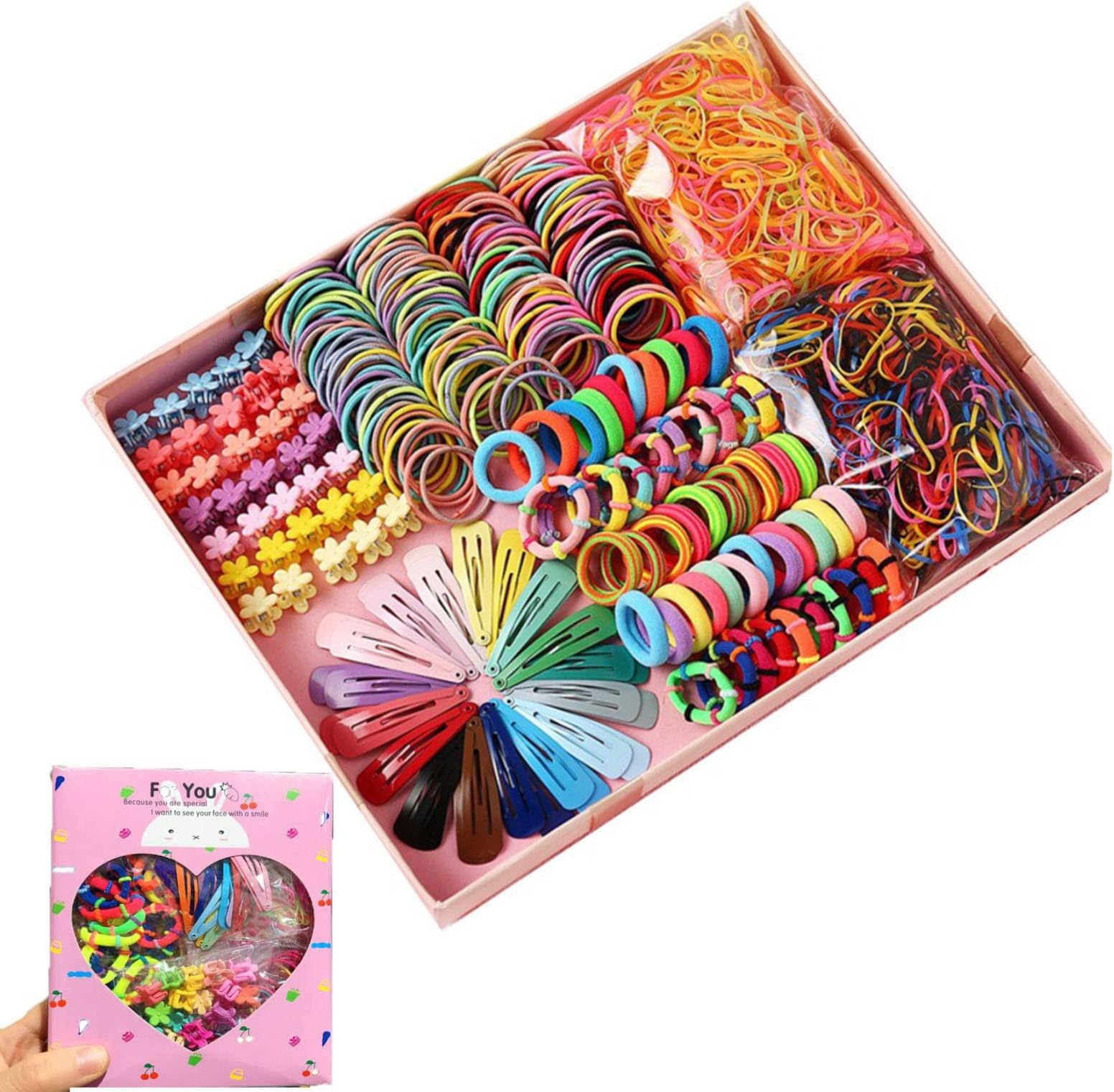 Sumlache 780 pcs Hair Tie Set for Girls, Toddler,Kids Hair Accessories Colorful Ponytail Holders Rubber Bands with Ice Cream Hair Clips