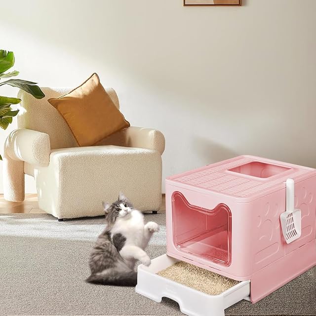 Foto 5 de 8 de Arenero para Gatos, Caja Arena con Bandeja Extraíble, Pala, Cepillo, Espacioso,Antichapotones, para Raza…