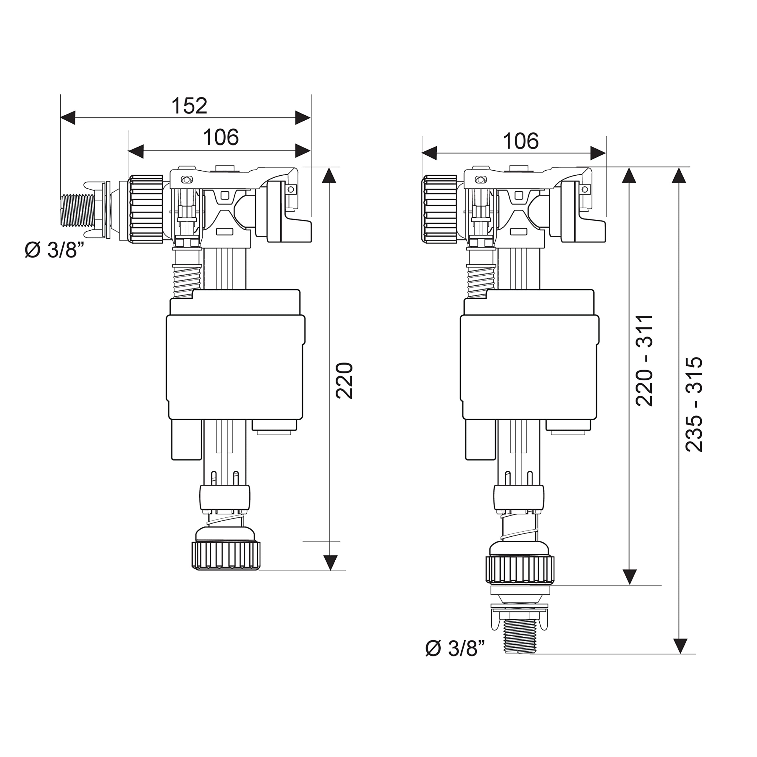 Wirquin 10723731 Chasse d'eau wc robinet flotteur à alimentation latérale et basse Doblo, gris | Régulation précise, installation facile, adaptable à tous types de réservoirs, économie d'eau