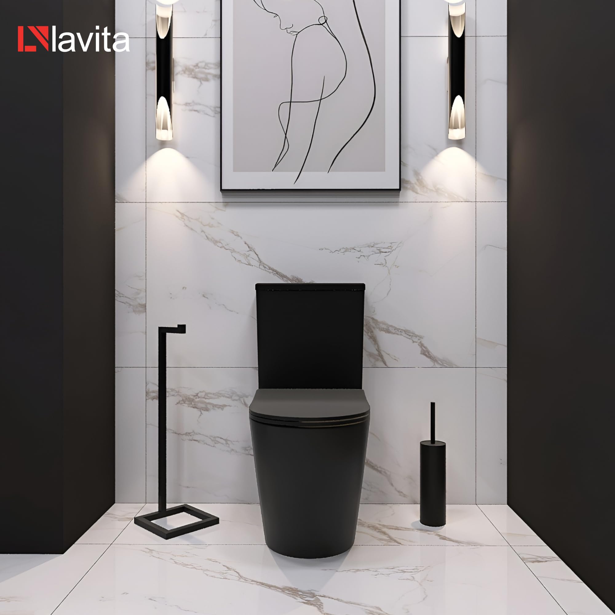 LAVITA WC monoblocco con cassetta di scarico integrata NAUTILIUS BLACK Coperchio WC con chiusura ammortizzata WC in ceramica senza brida Vaso WC Vaso WC verticale + raccordo WC