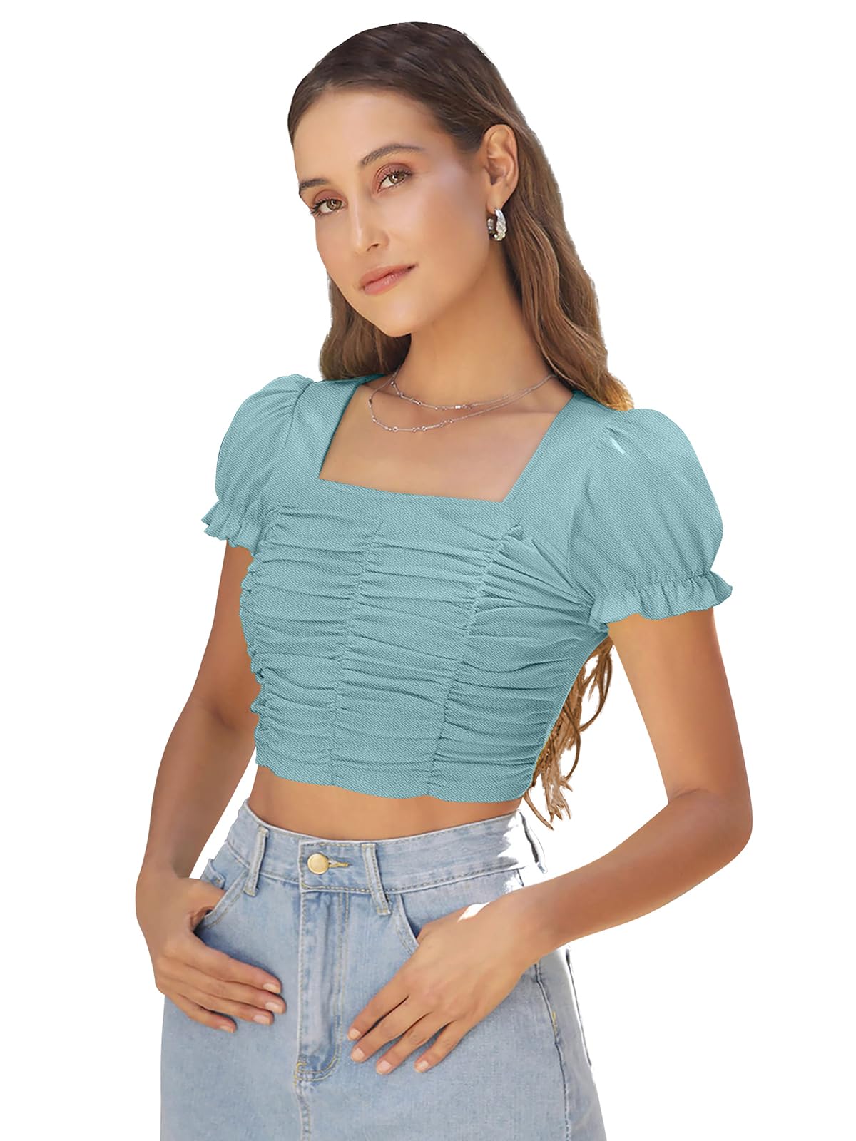 london belly Women's Solid | Floral Puff Sleeve Elastic Crop Top with Square Neckline Ruched Design Lightweight Stylish Top for Western Casual Everyday Wear-picture-12