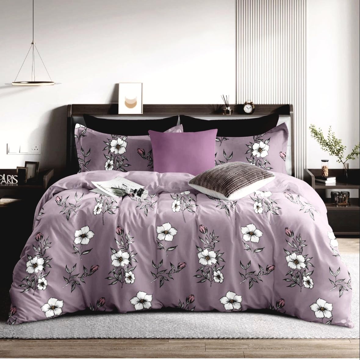 Dark Purple Floral Bedsheet Set, King Size, White Flower Pattern Duvet Cover with Pillowcases-image-44
