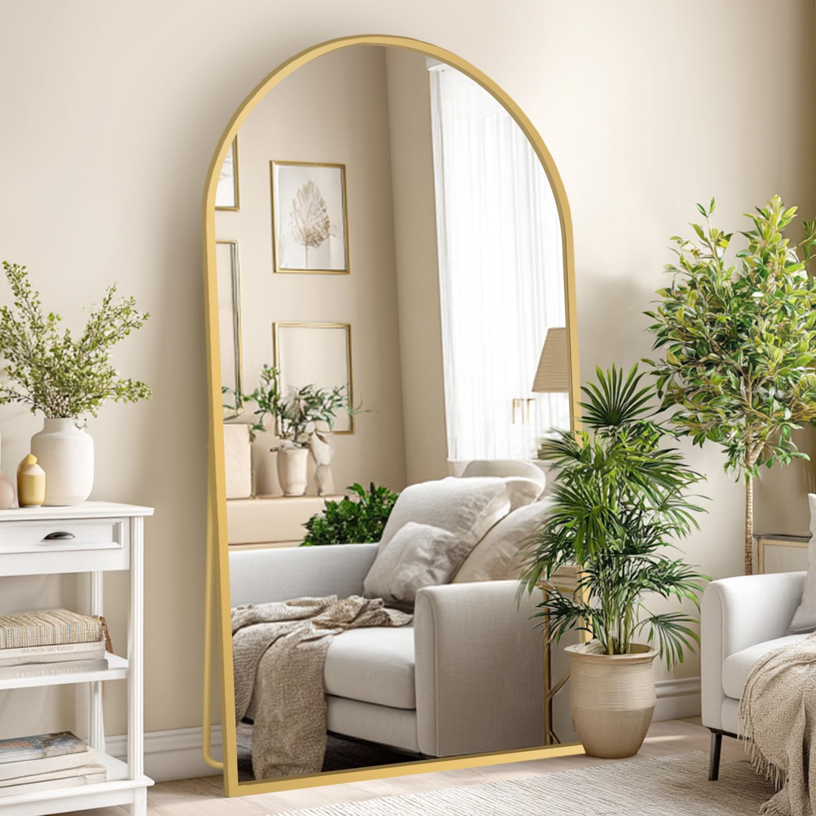 Beauty4U Full Length Mirror Arched Top, 194x94cm Large Free Standing Mirrors, Floor Mirror with Gold Aluminum Alloy Frame for Living Room or Bedroom, Hanging or Leaning